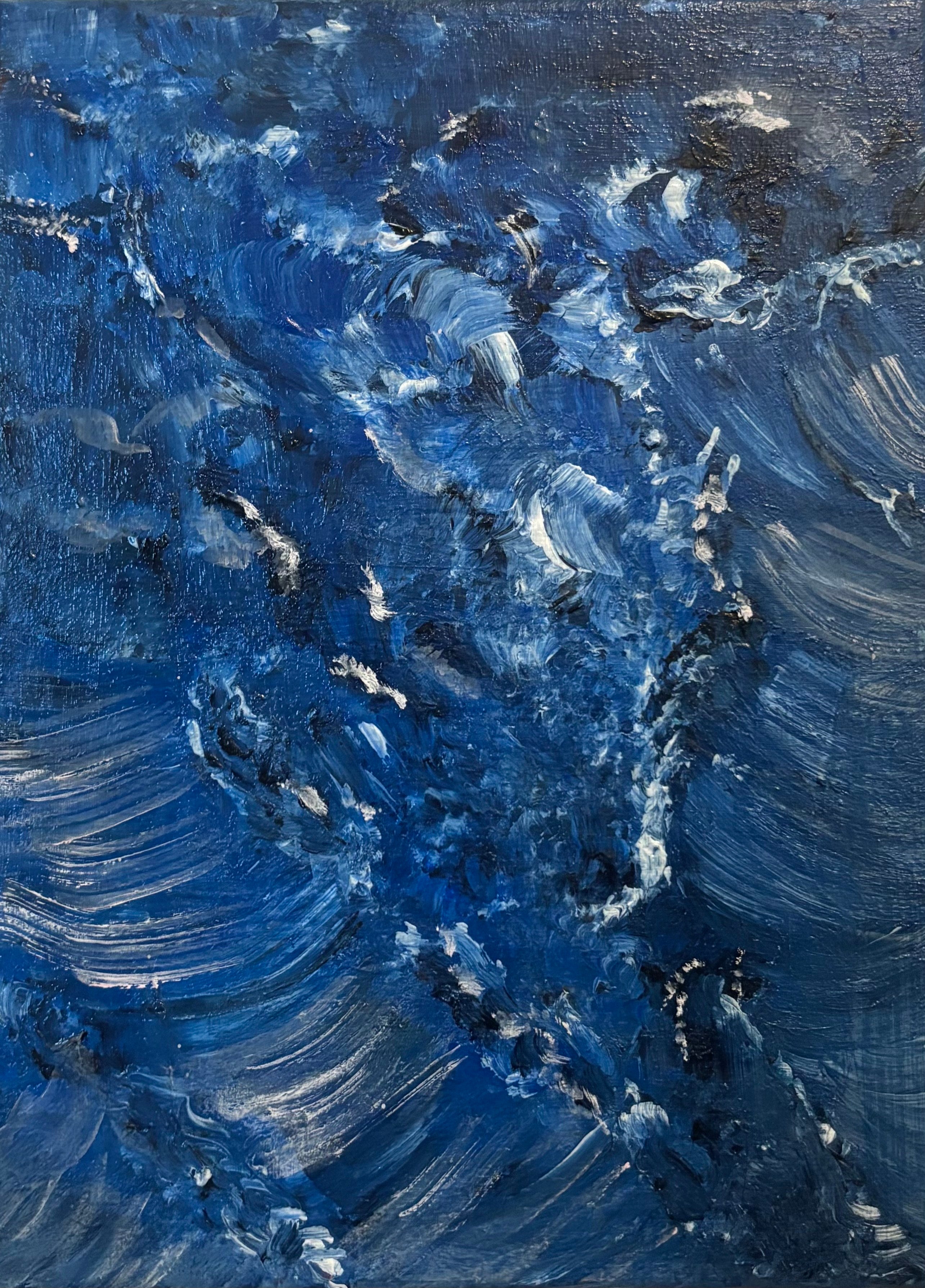 Abstract painting with blue and white brushstrokes