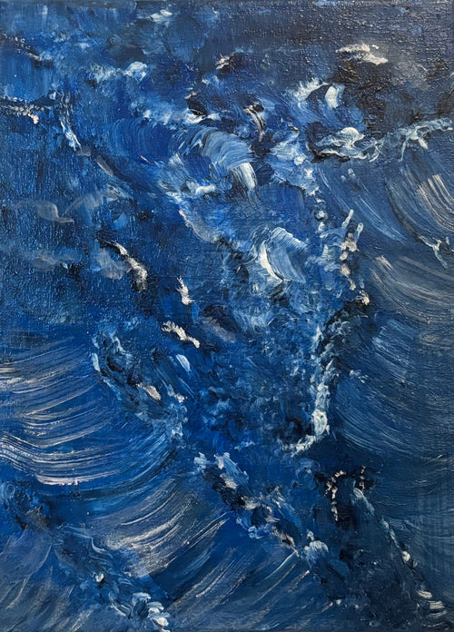 Abstract painting with blue and white brushstrokes