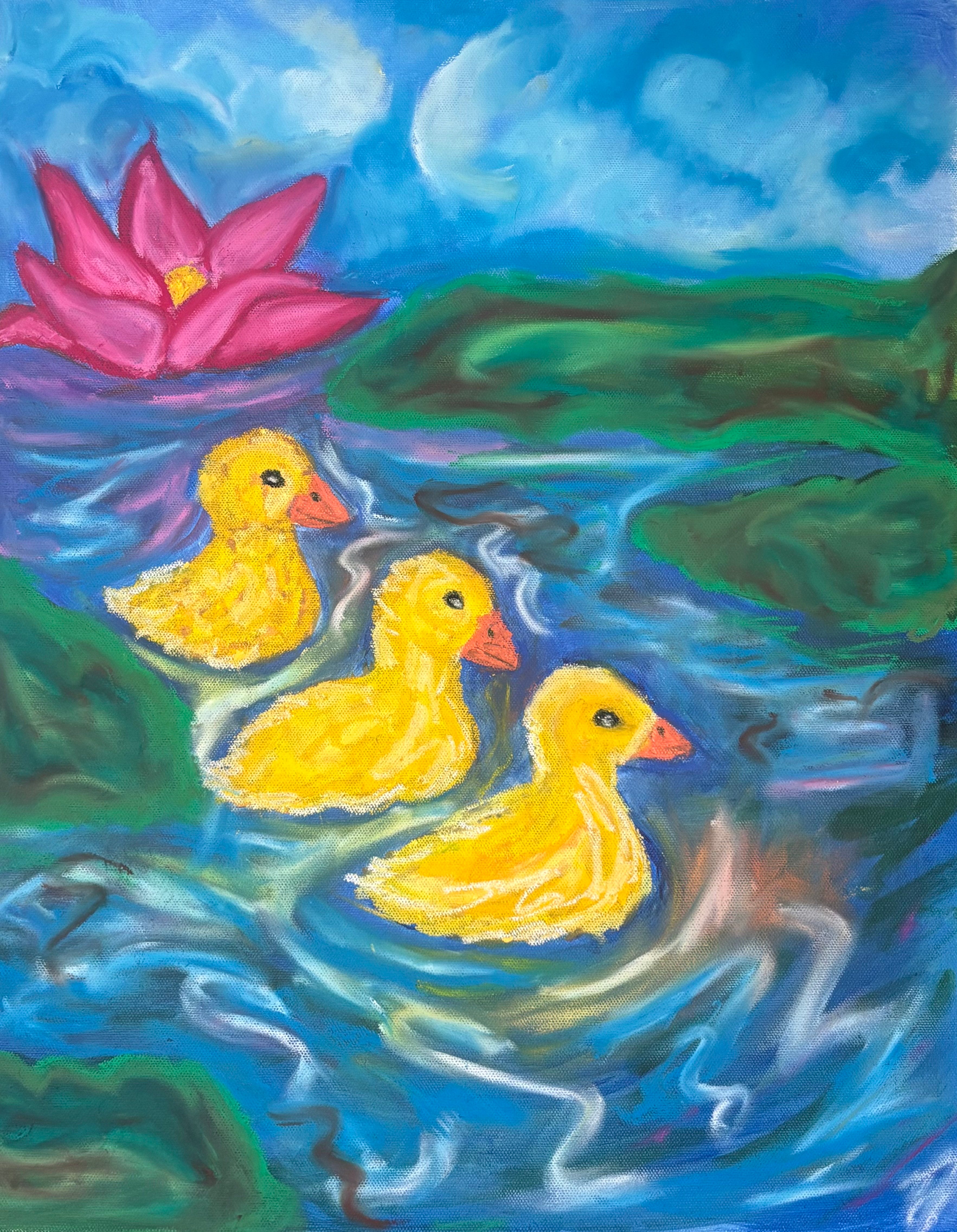 Painting of three yellow ducks swimming in water with pink lotus flowers and green leaves.