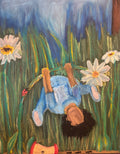 a child playing outside with flowers