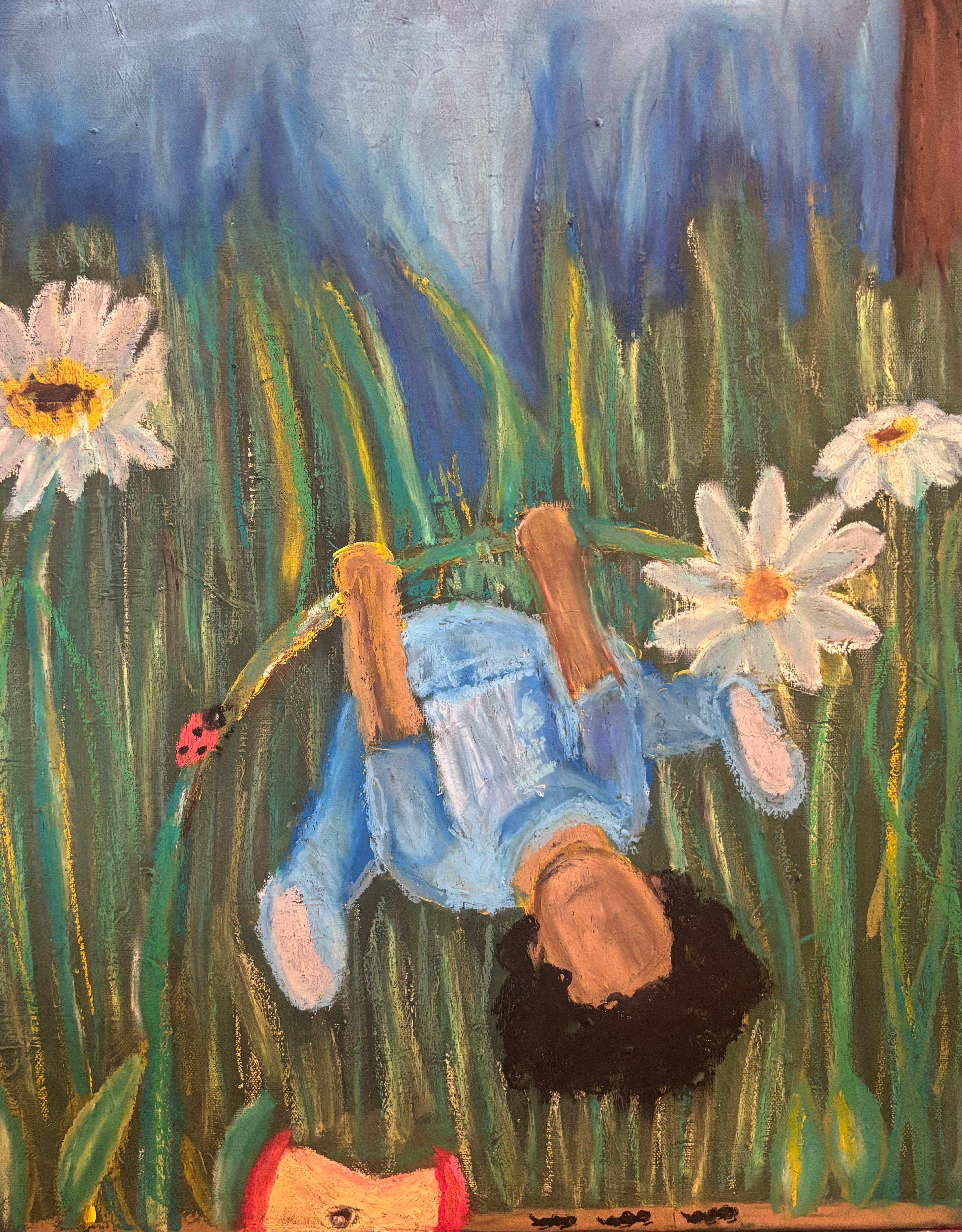 a child playing outside with flowers