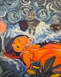 Abstract painting with a central figure and swirling patterns