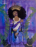 Artistic depiction of a person with a large afro, surrounded by plants and a purple background.