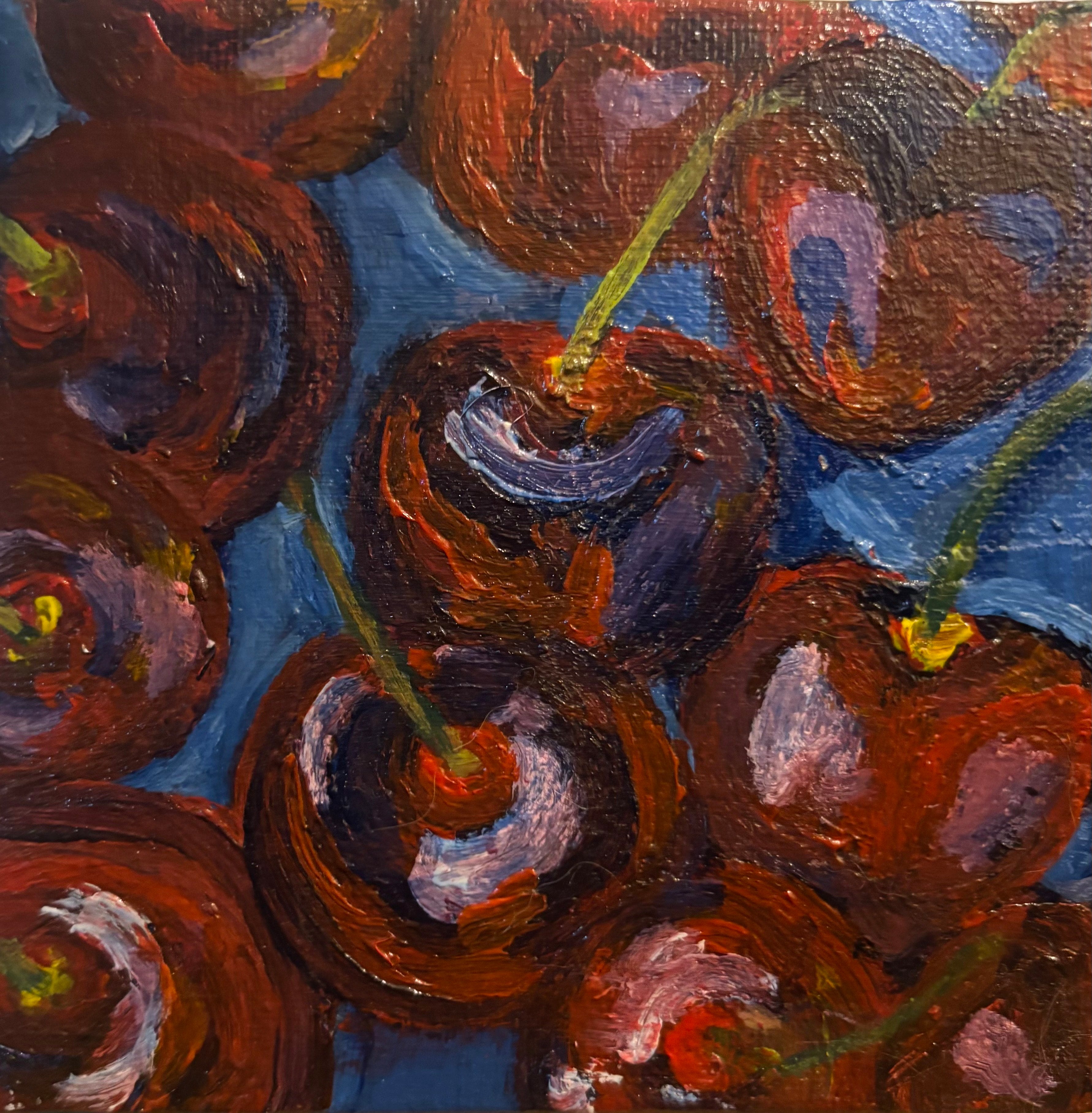 Artistic depiction of cherries with a blue background